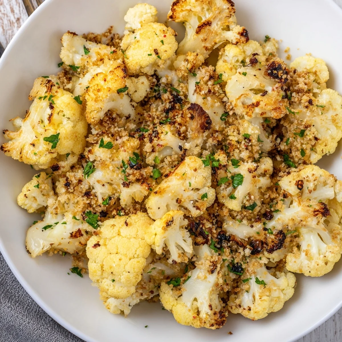 Warm Roasted Cauliflower With Lemon Herb Crunch topped with crispy garlic parsley