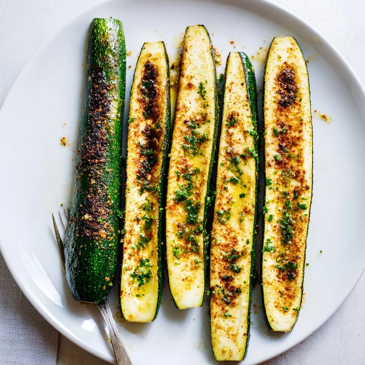 Smoky Roasted Zucchini Spears glistening with olive oil, charred edges, parsley