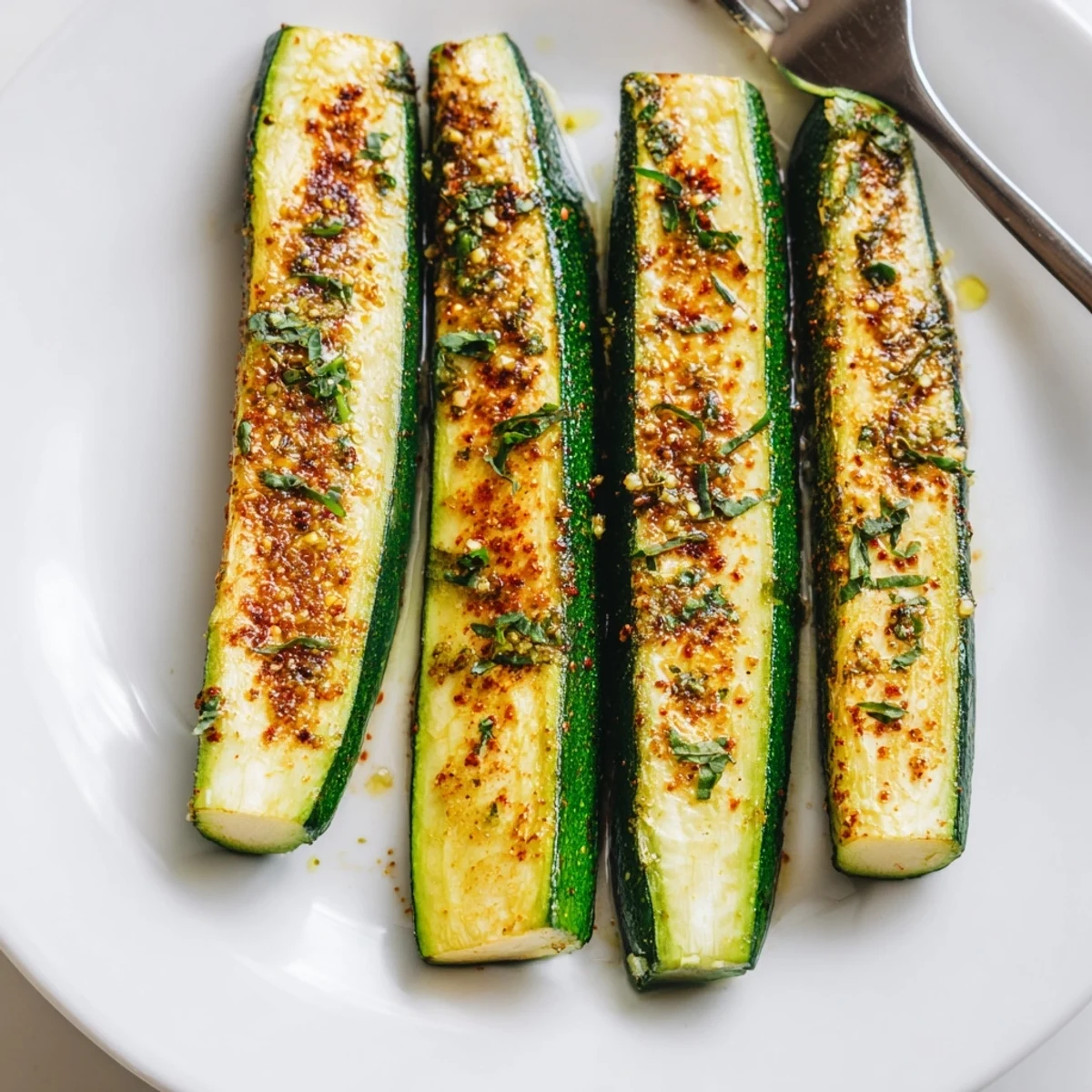 Oven-browned Smoky Roasted Zucchini Spears releasing warm paprika aroma, lemon