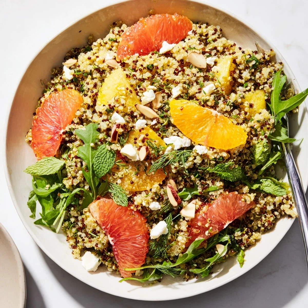 Citrus Herb Quinoa and Arugula Bowl with juicy orange segments and toasted almonds
