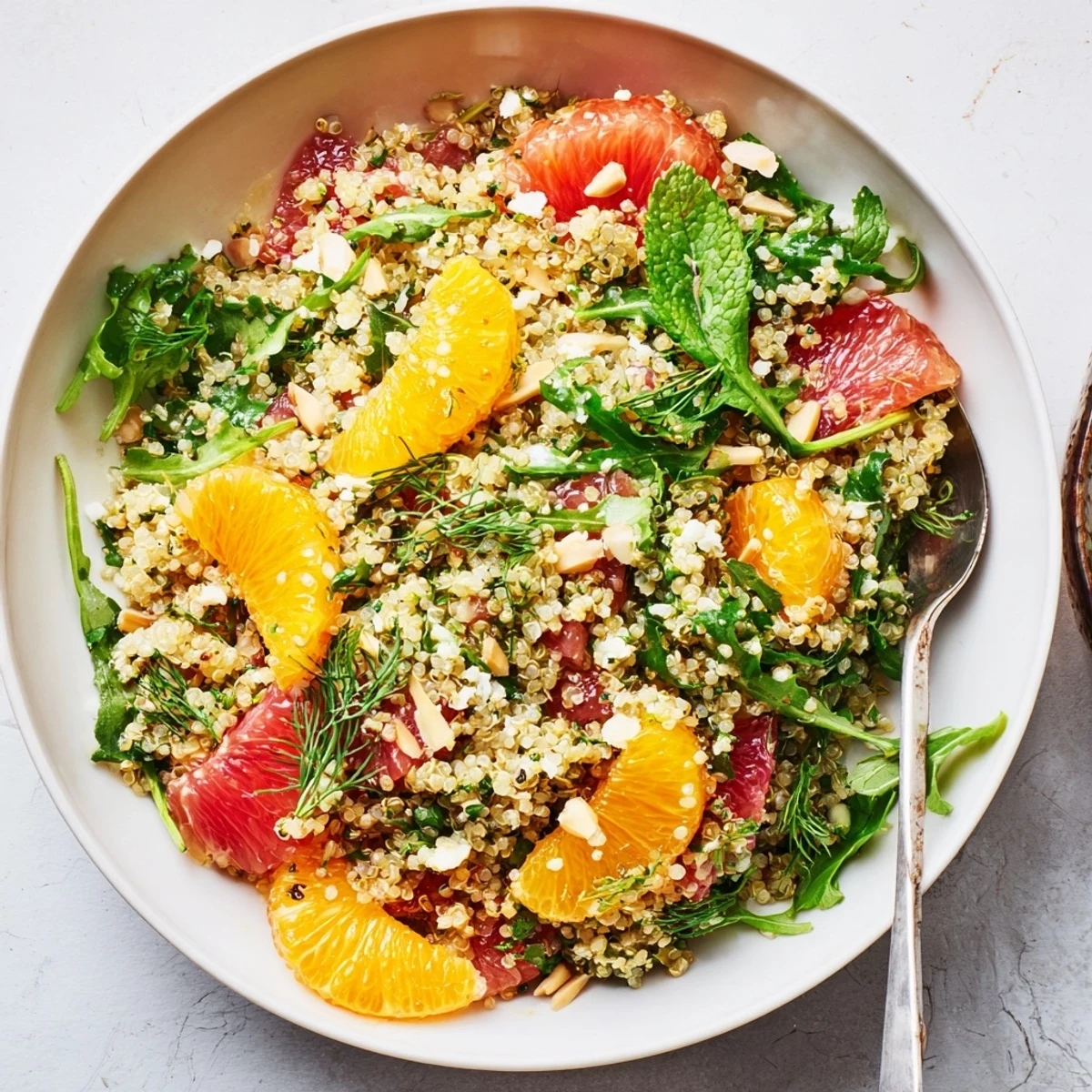 Serve Citrus Herb Quinoa and Arugula Bowl chilled for light lunch or dinner
