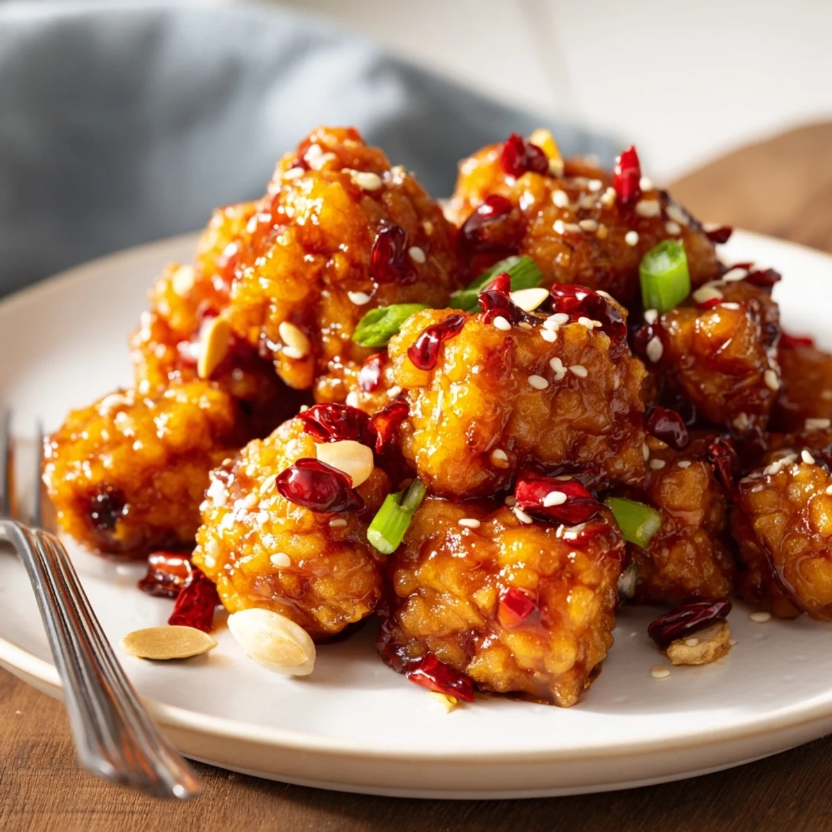 Crispy Garlic Chili Tofu Bites glistening with sticky sauce, garnished with scallions