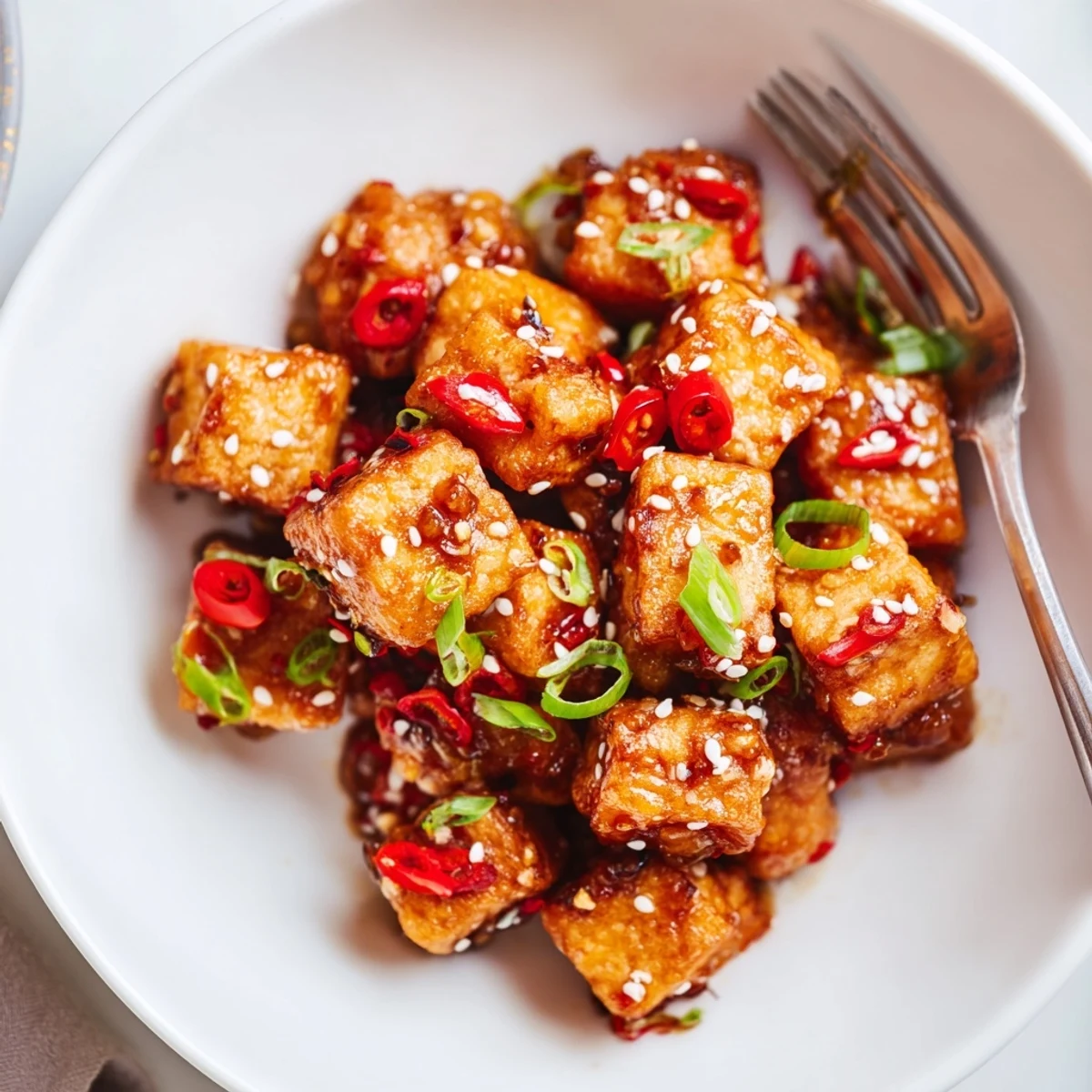 Pan-fried Crispy Garlic Chili Tofu Bites sizzling golden, served with sesame seeds