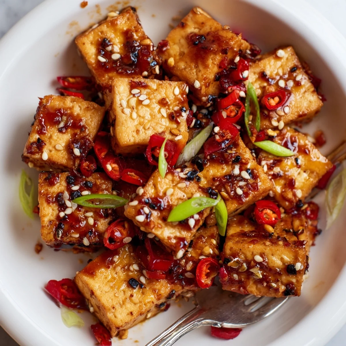 Crispy Garlic Chili Tofu Bites piled on platter, spicy aroma and crunch