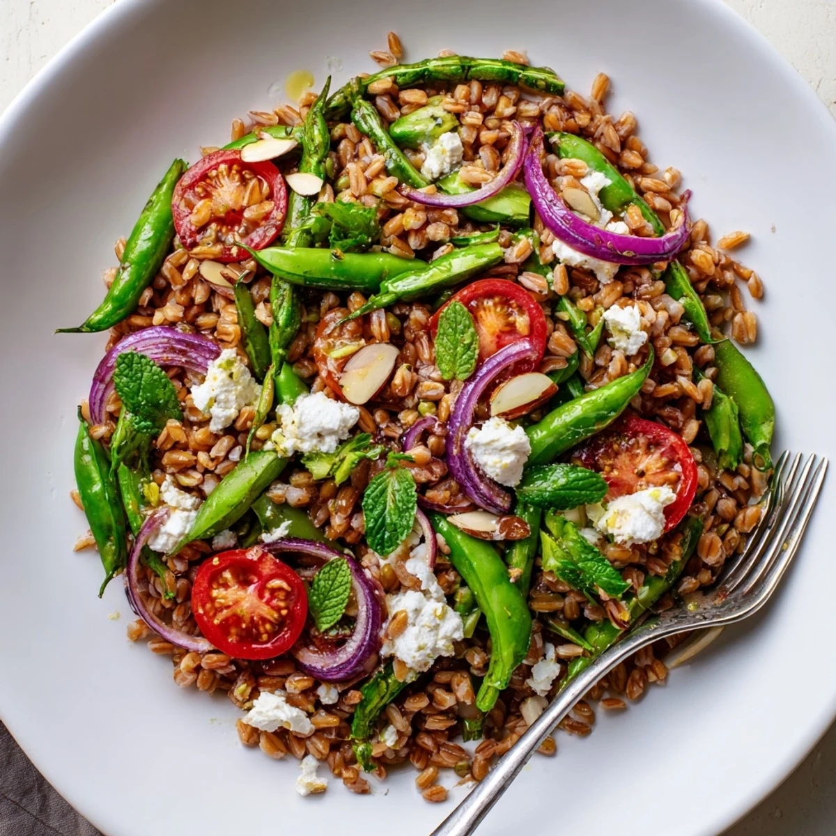 Warm Farro and Roasted Snap Pea Salad with lemon vinaigrette and crumbled feta