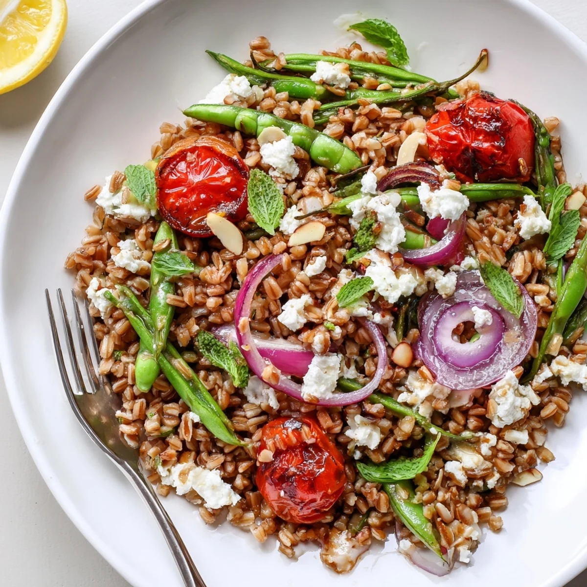 Warm Farro and Roasted Snap Pea Salad showing nutty grains and lightly charred peas