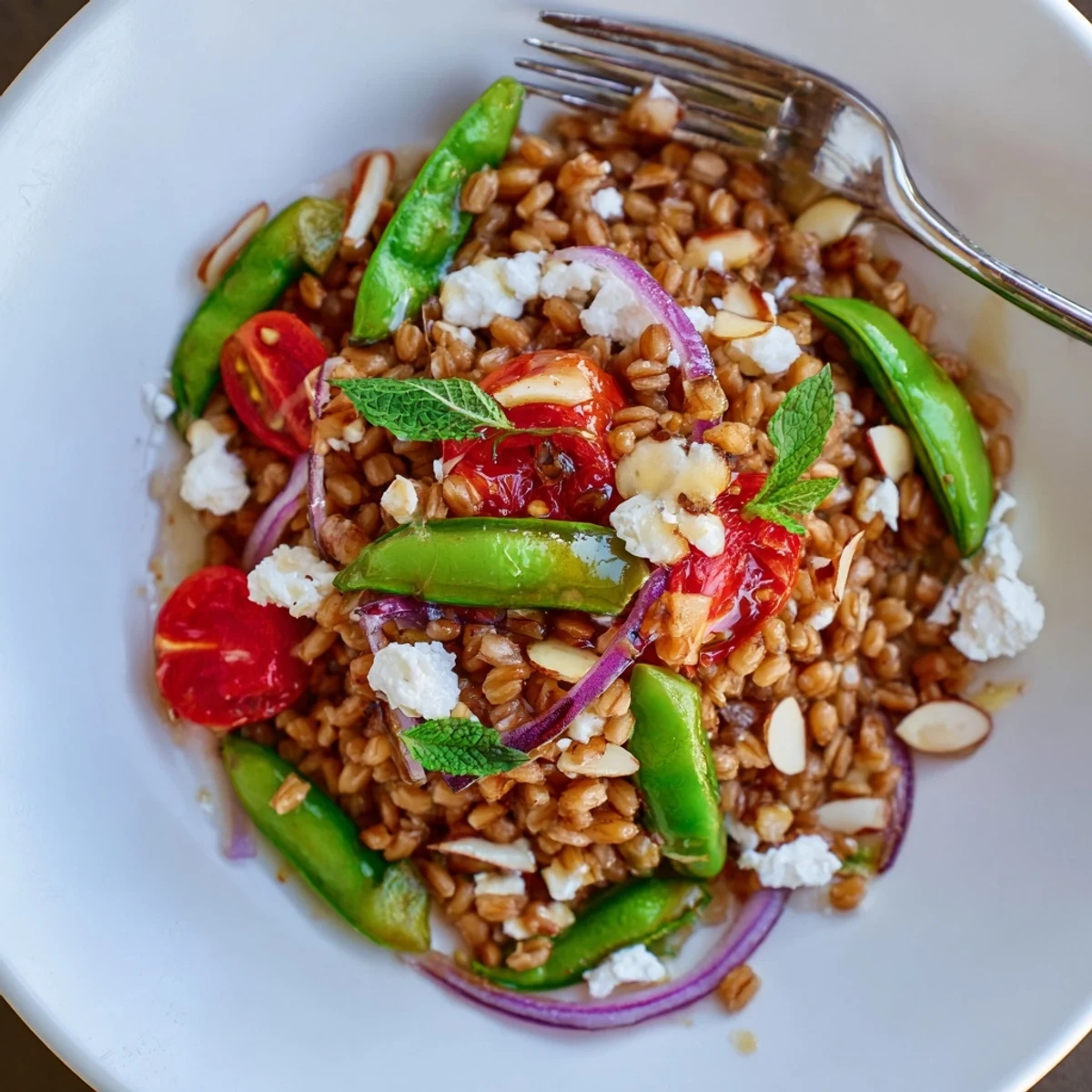 Warm Farro and Roasted Snap Pea Salad tossed with arugula, toasted almonds