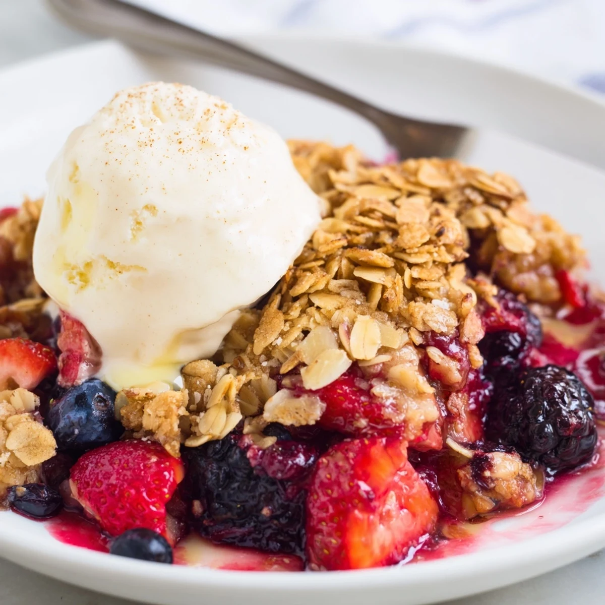 Bubbling mixed berries under golden oats in Vanilla Almond Berry Crisp.