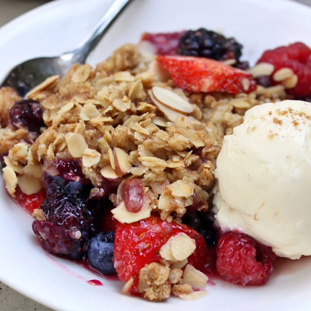 Oven-warm Vanilla Almond Berry Crisp with crunchy oat topping, spoon ready.