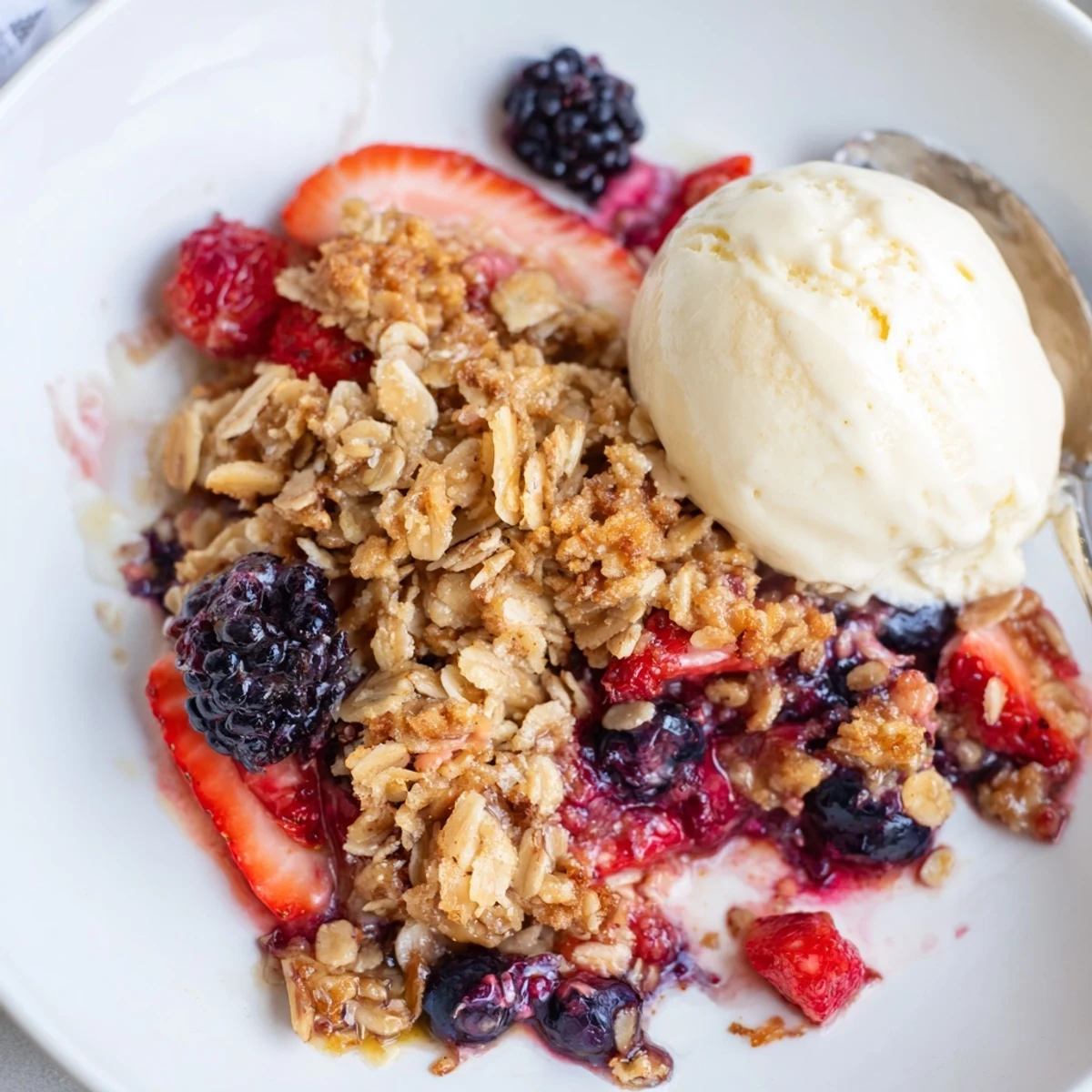 Warm Vanilla Almond Berry Crisp served with melting ice cream and cinnamon.