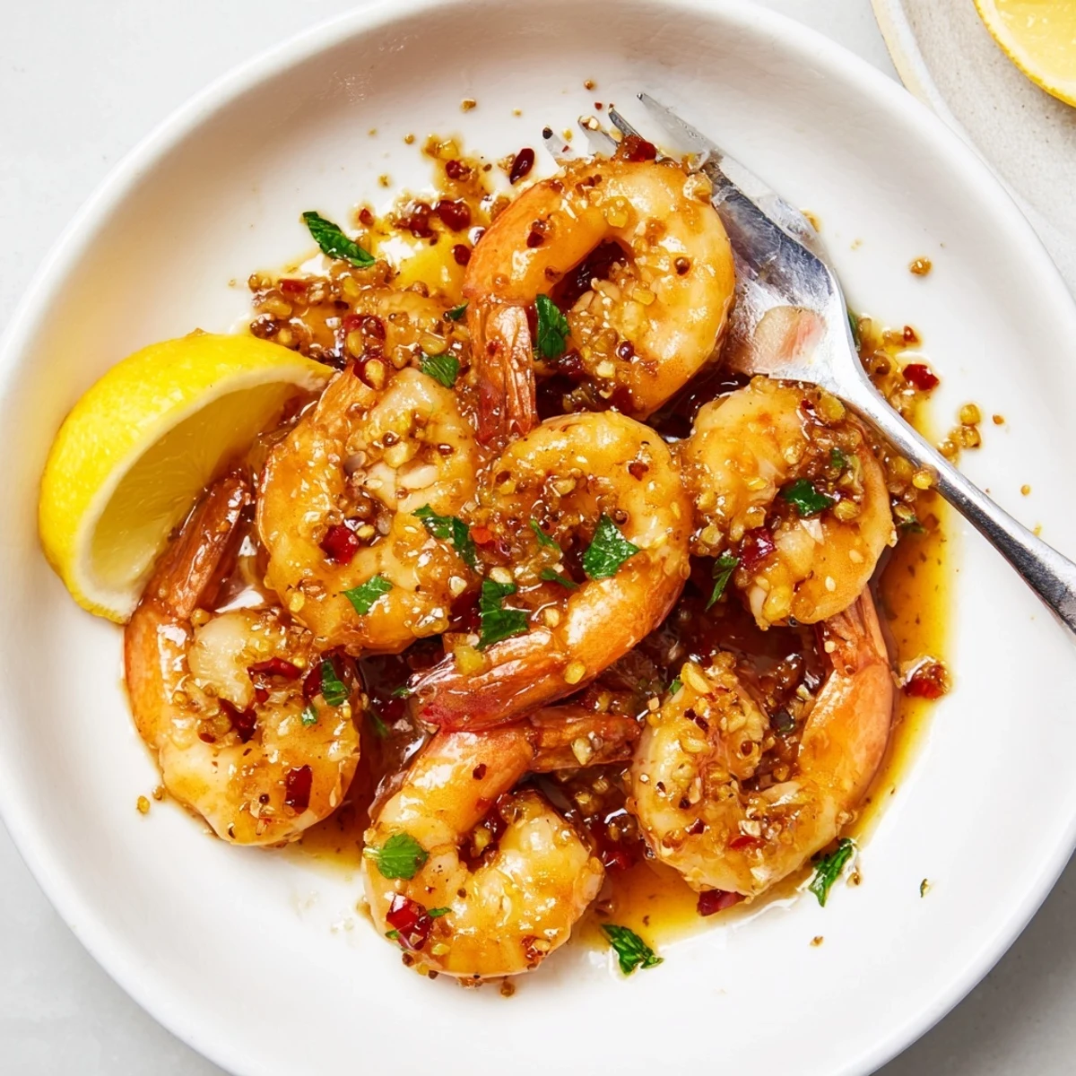 Lemon Chili Glazed Shrimp Skillet sizzling in pan, glossy glaze, lemon wedges.