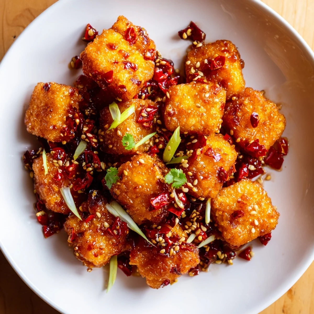 Crispy Chili Garlic Tempeh Bites piled on rice, glossy spicy sesame glaze