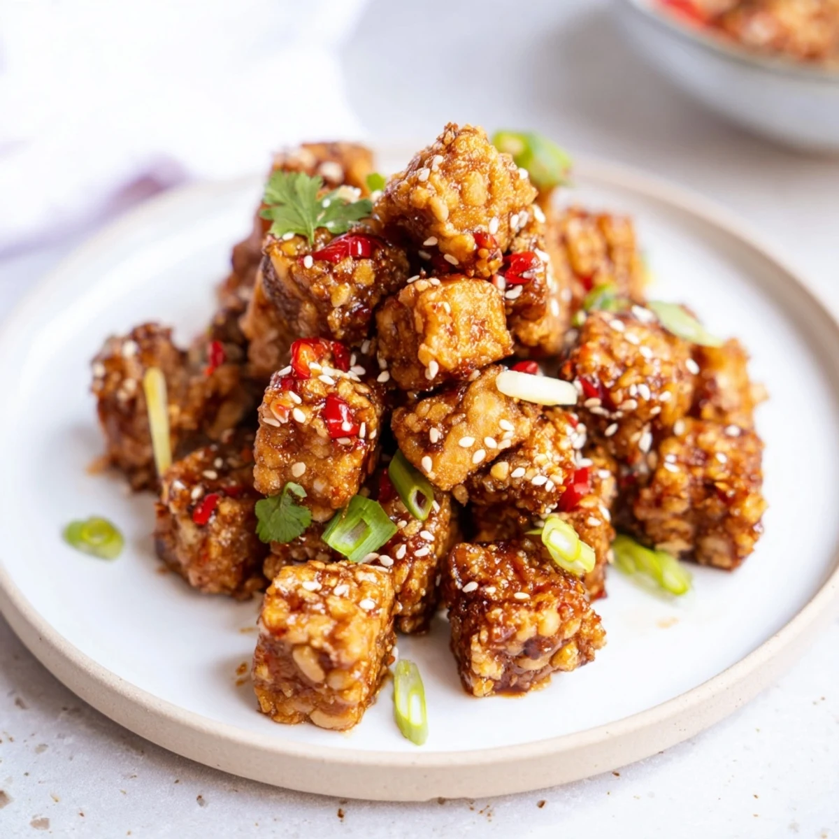 Skillet of Crispy Chili Garlic Tempeh Bites, golden cubes steaming, scallions