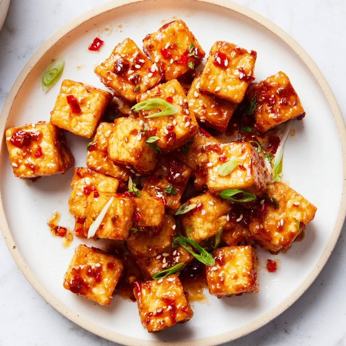 Crispy Chili Garlic Tempeh Bites served in lettuce wraps, crunchy, tangy