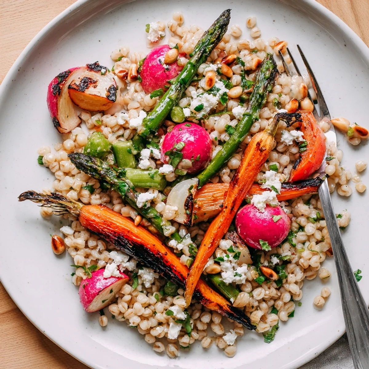 Warm Barley and Roasted Spring Vegetable Salad showcasing chewy grains and caramelized vegetables