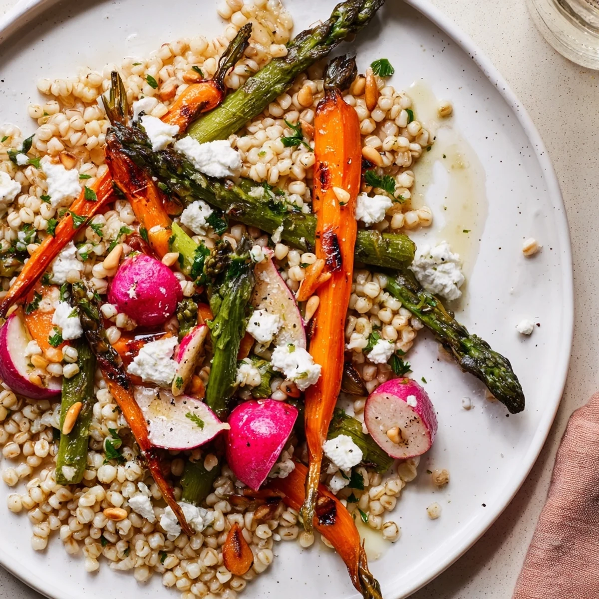 Chewy barley, roasted radishes, and asparagus in Warm Barley and Roasted Spring Vegetable Salad