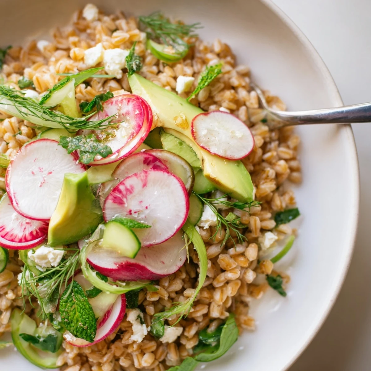 Bright Citrus Herb Farro and Radish Bowl with nutty grains and zesty dressing.