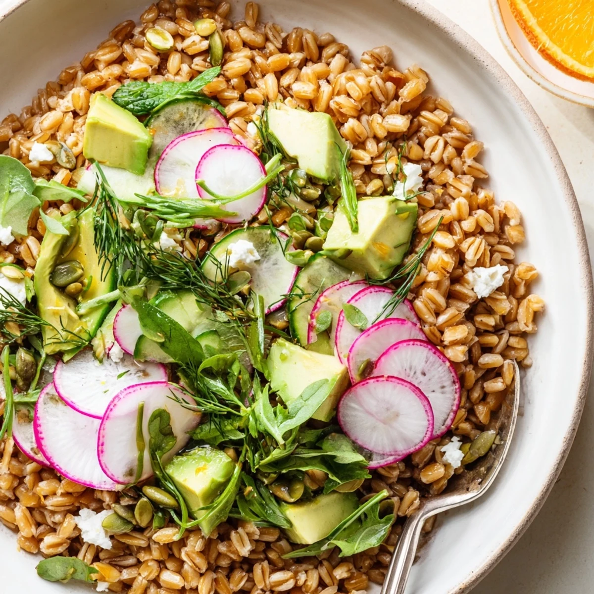 Citrus Herb Farro and Radish Bowl topped with sliced avocado, crumbled feta, toasted seeds.