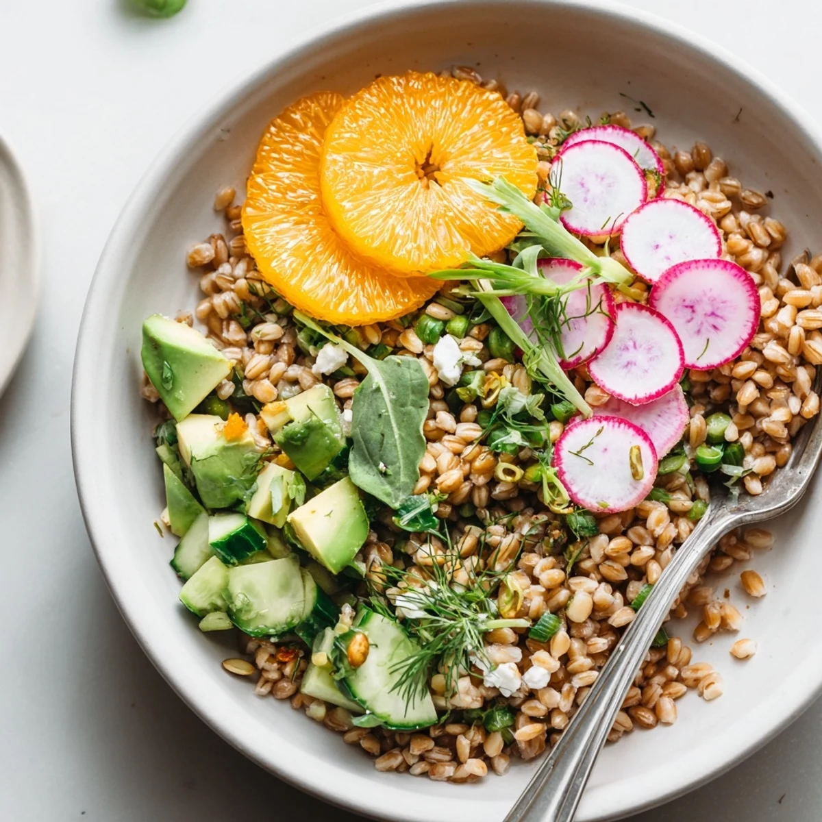A chilled Citrus Herb Farro and Radish Bowl served with sparkling water for refreshment.