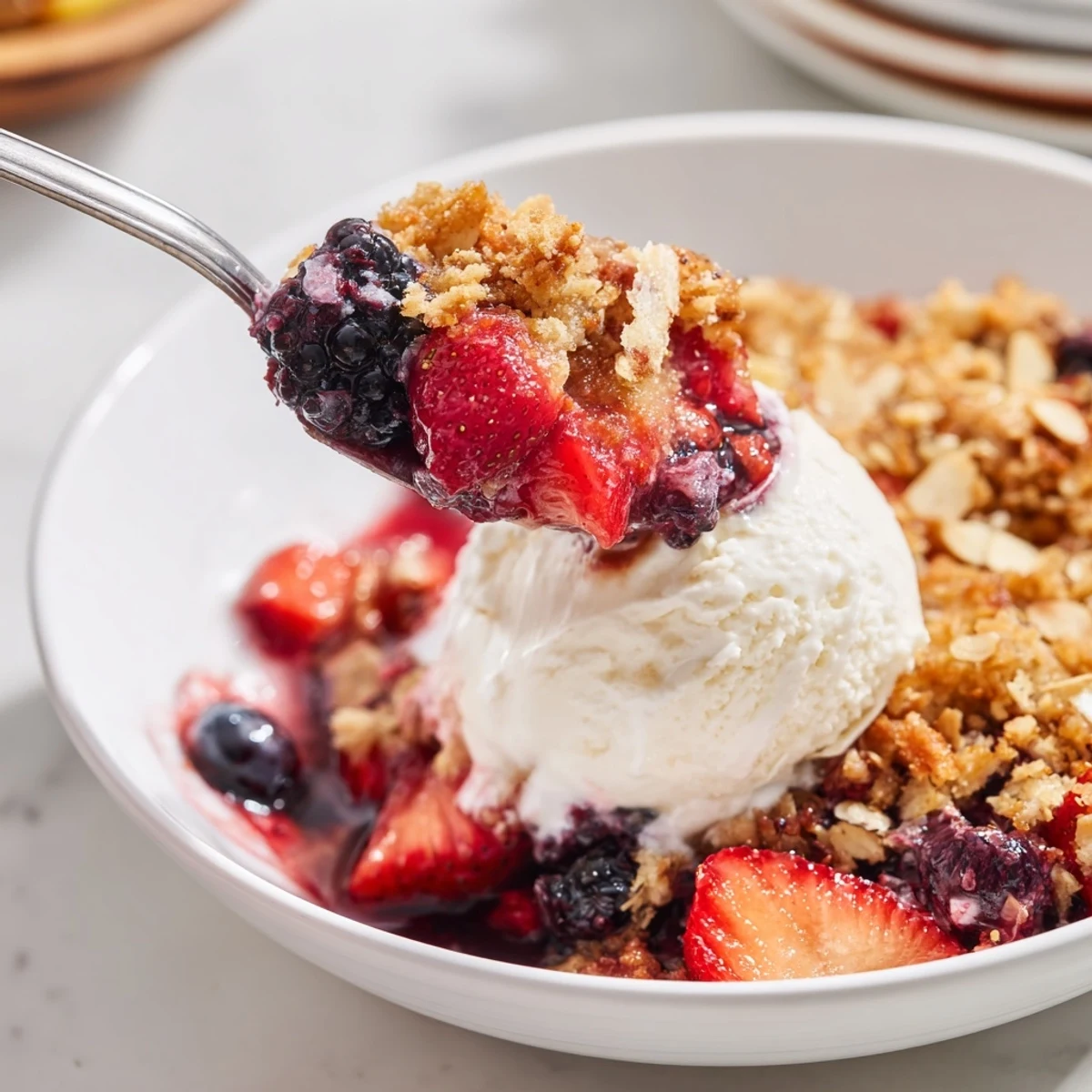 Warm Vanilla Coconut Berry Crumble with bubbling berry juices, golden coconut topping
