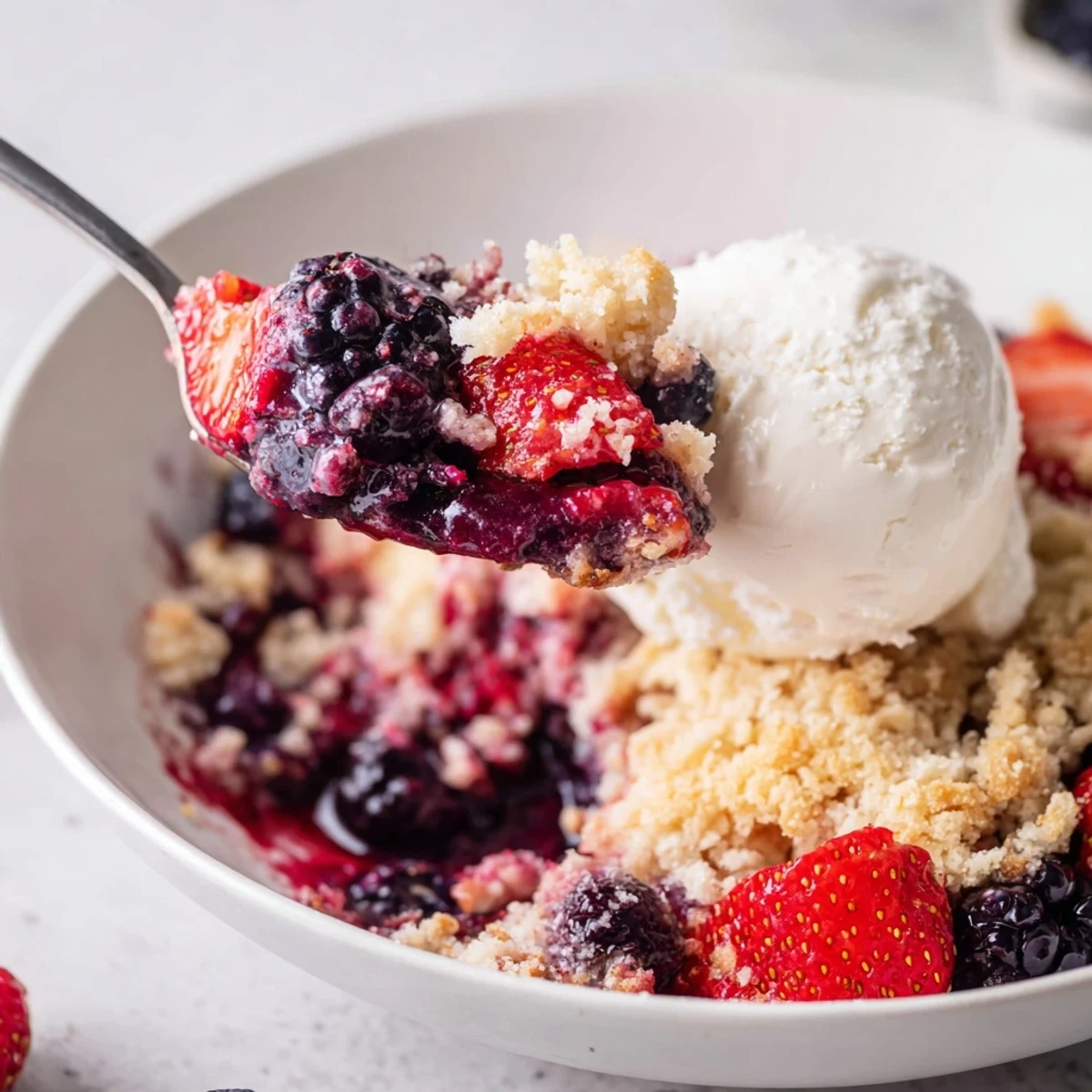 Spoonful of Vanilla Coconut Berry Crumble steaming, served with melting vanilla ice cream