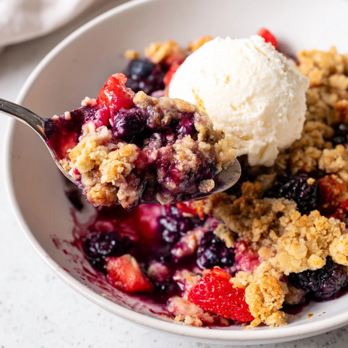 Baked Vanilla Coconut Berry Crumble in an 8x8 dish, crisp golden topping
