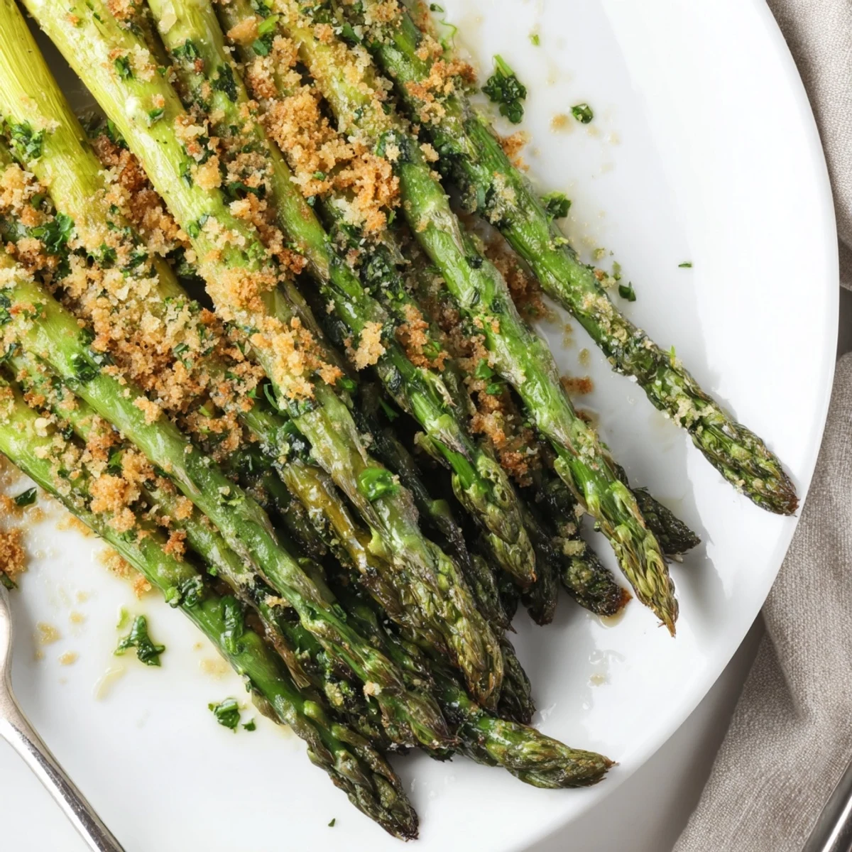 Roasted Asparagus With Garlic Herb Crunch, crisp-tender spears topped with golden crumbs