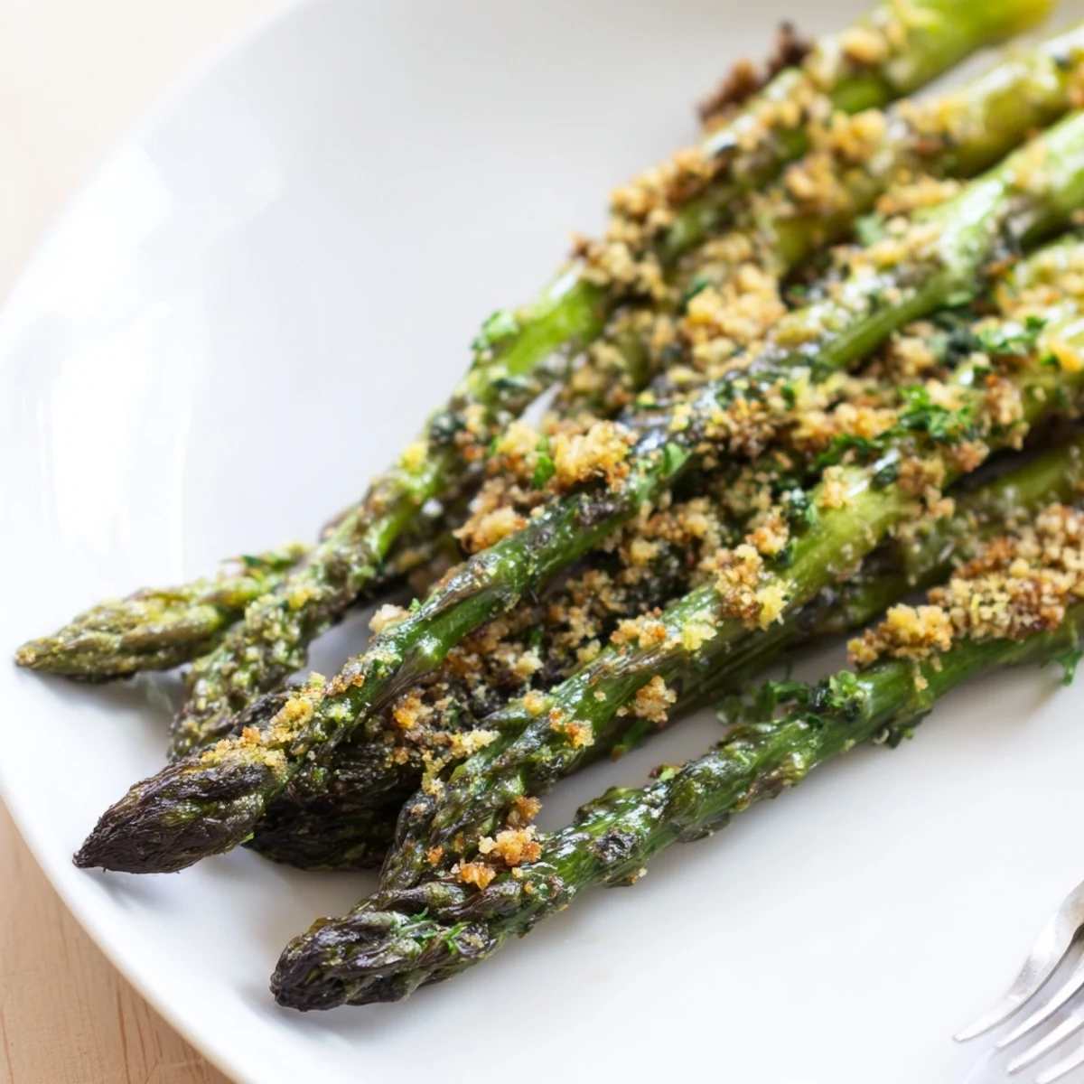 Bright green Roasted Asparagus With Garlic Herb Crunch, aromatic garlic and fresh parsley