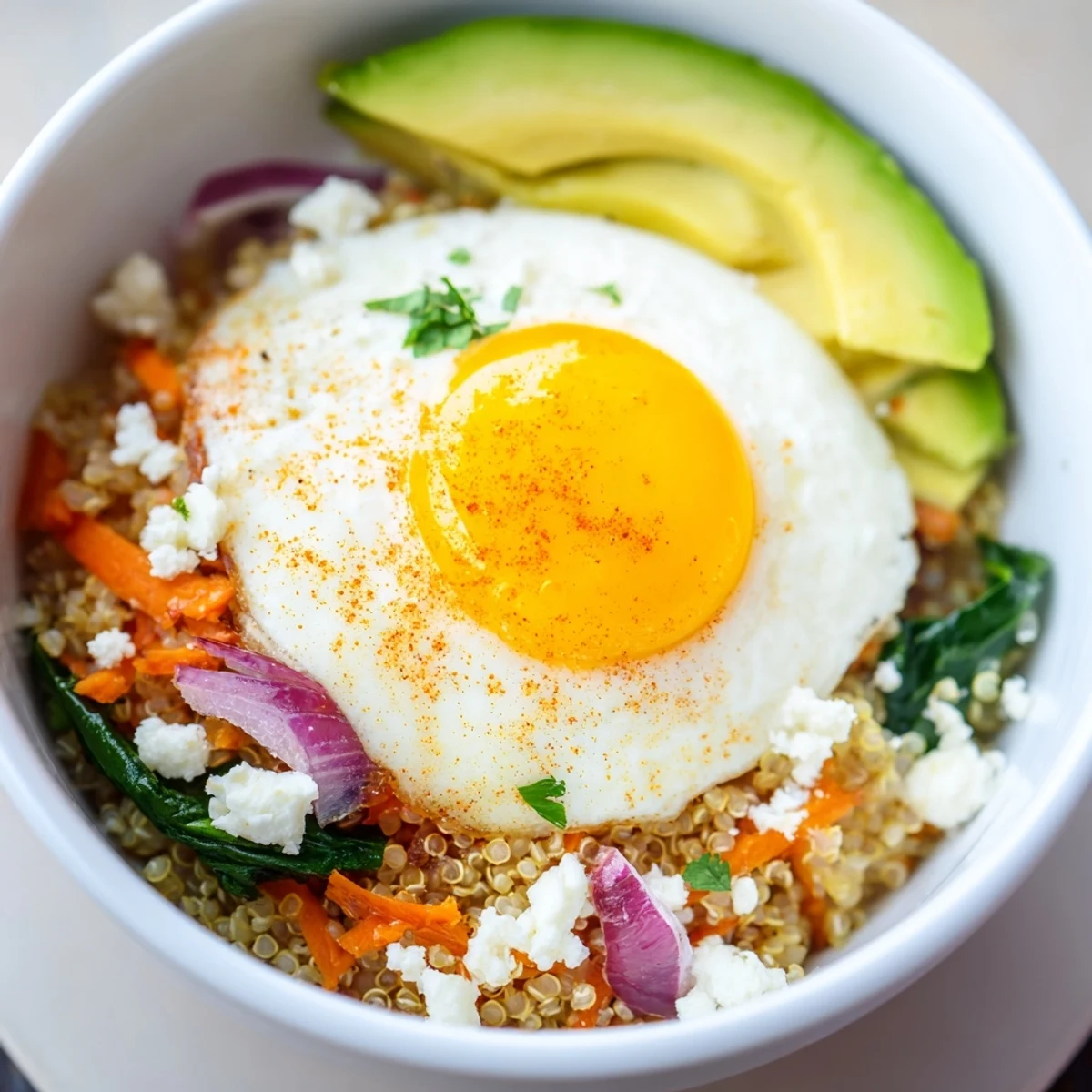 Savory Carrot and Spinach Quinoa Breakfast Bowl with runny yolk and crumbled feta