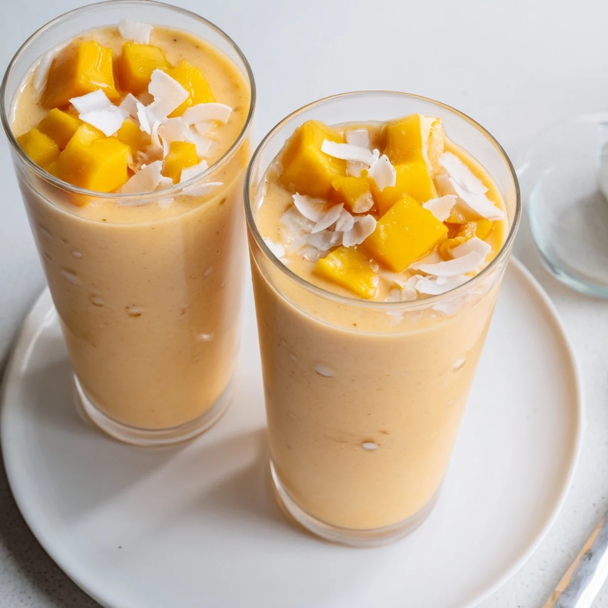 Chilled Papaya Mango Coconut Smoothie with tropical aroma, juicy mango and papaya