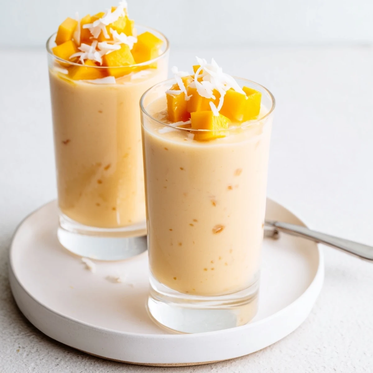 Papaya Mango Coconut Smoothie in tall glass, creamy orange pink swirl, shredded coconut garnish