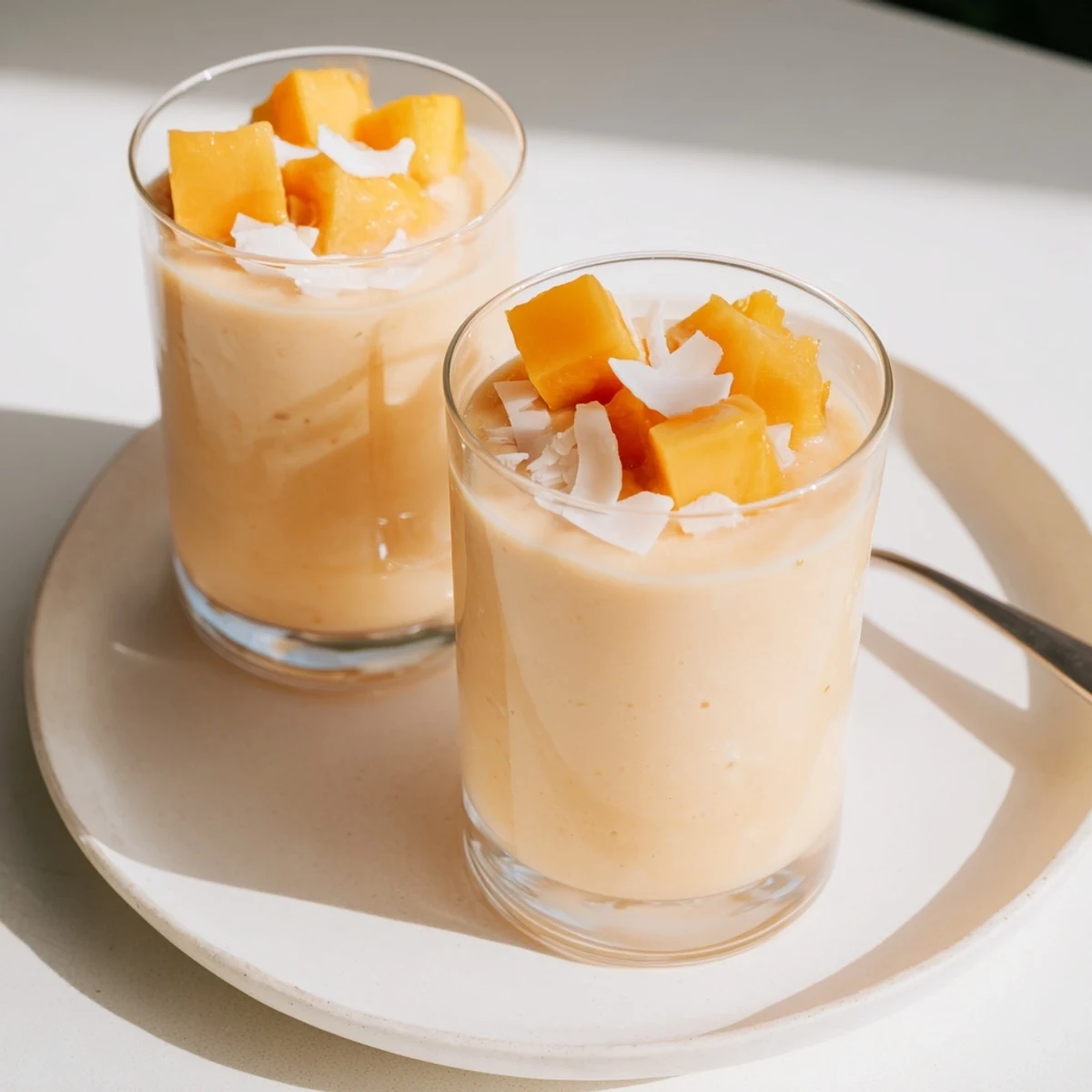 Bright Papaya Mango Coconut Smoothie served with lime wedge and toasted coconut