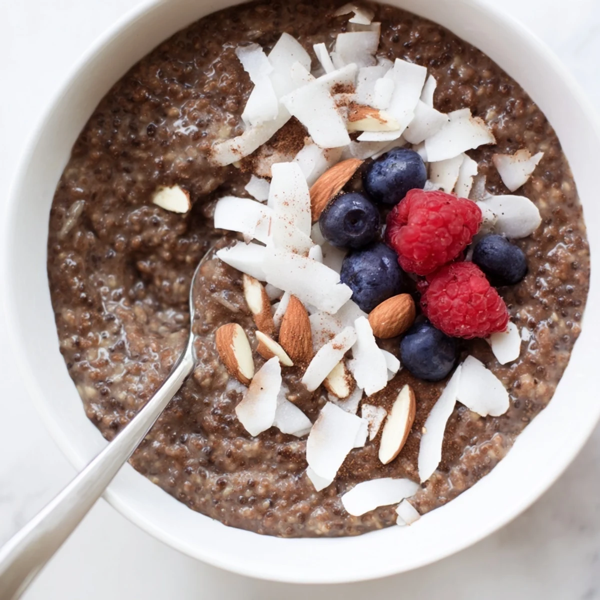 Creamy Cocoa Almond Coconut Chia Delight topped with toasted coconut and berries