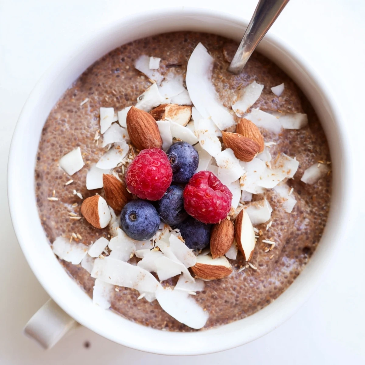 Velvety Cocoa Almond Coconut Chia Delight spooned from bowl, pairs nicely with espresso