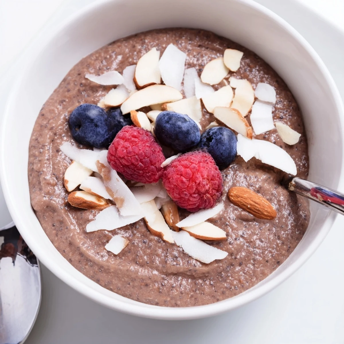Chilled Cocoa Almond Coconut Chia Delight served in glasses with sliced almonds