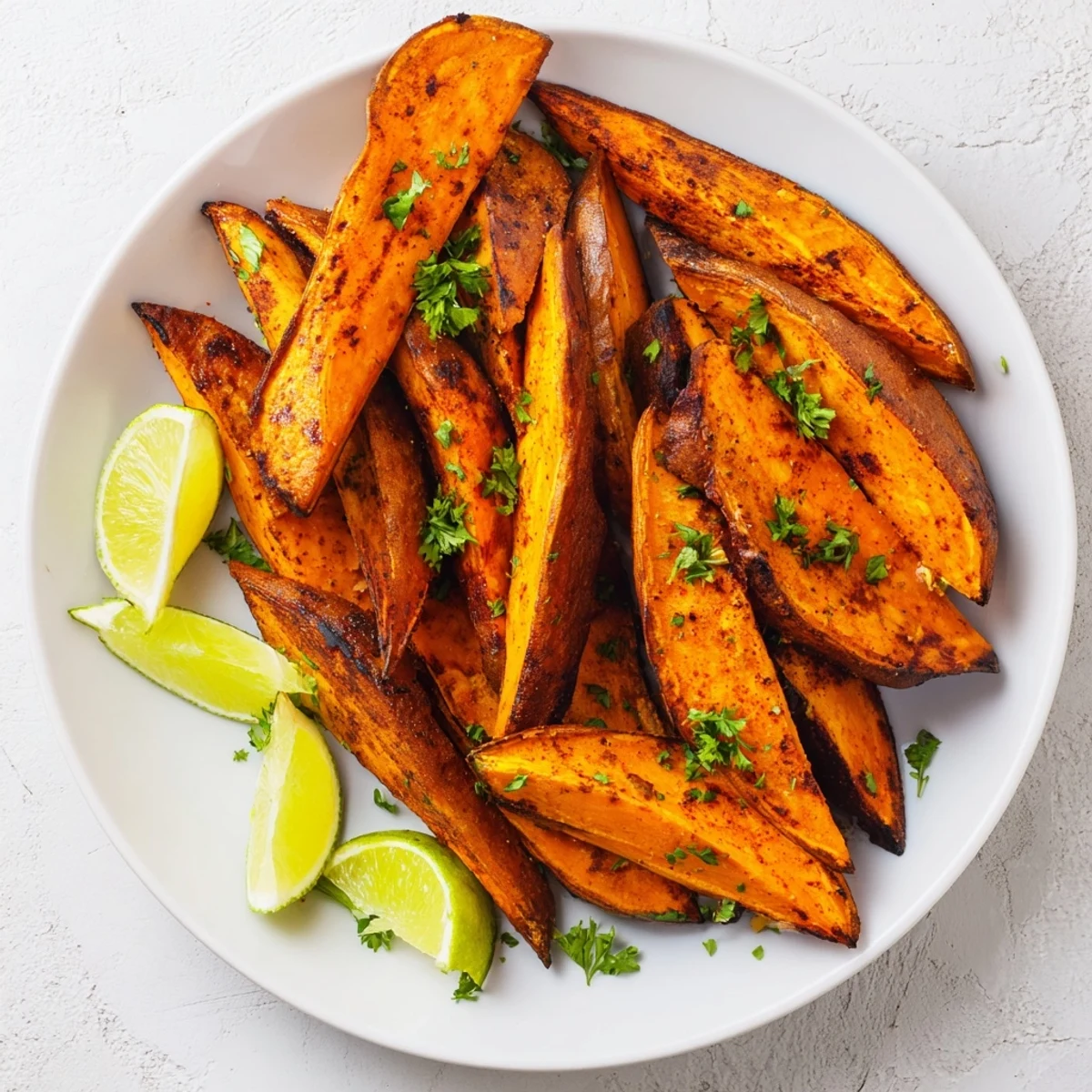 Smoky Roasted Sweet Potato Wedges, crispy edges, fluffy centers, lime wedges nearby.