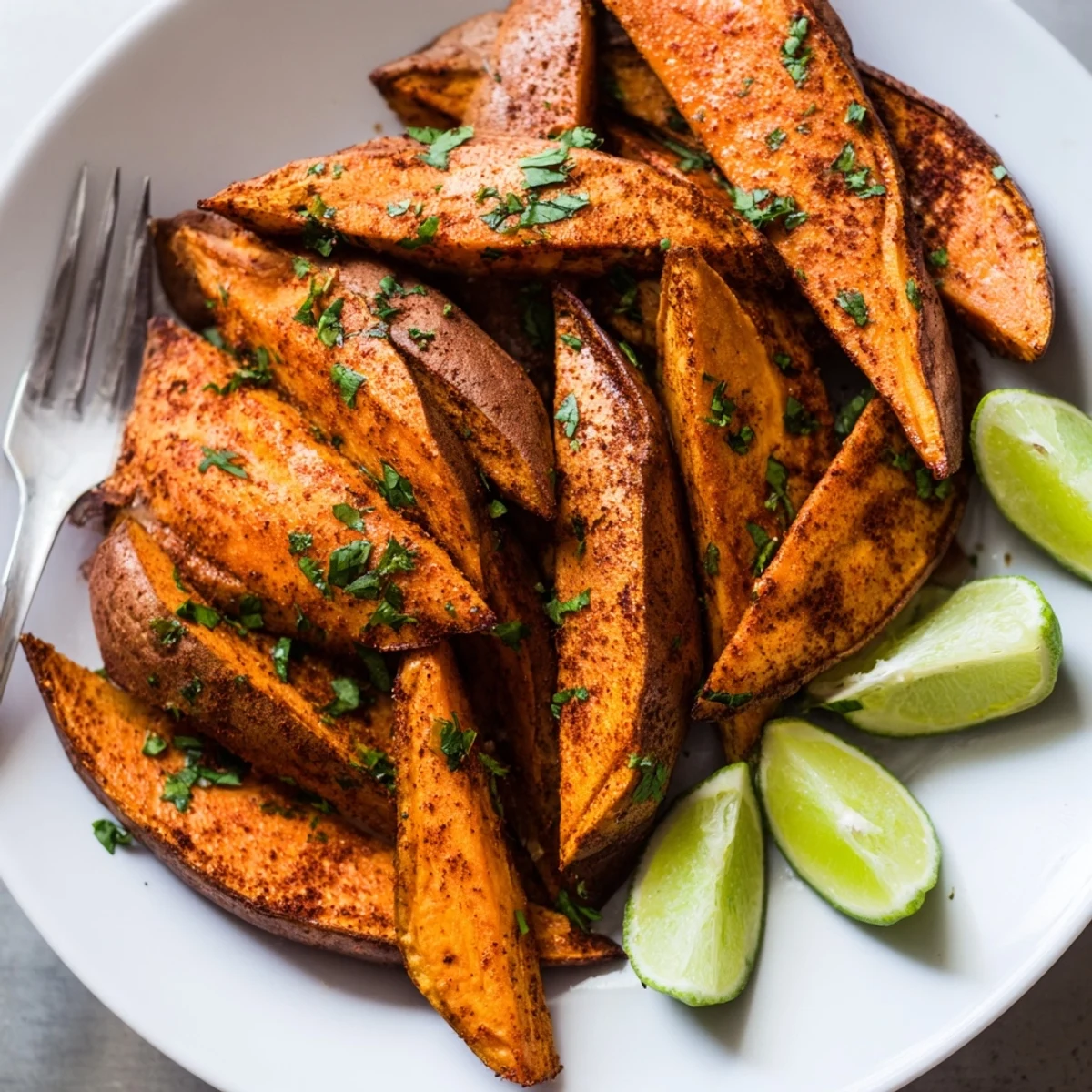Family-style Smoky Roasted Sweet Potato Wedges on parchment, garnished with cilantro.