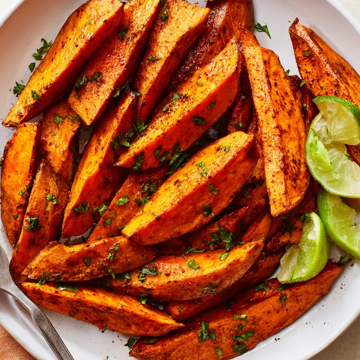 Warm Smoky Roasted Sweet Potato Wedges seasoned with smoked paprika and cumin.