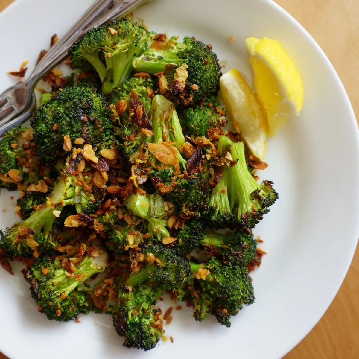 Roasted Broccoli With Lemon Almond Crunch on platter, crisp florets and zesty topping