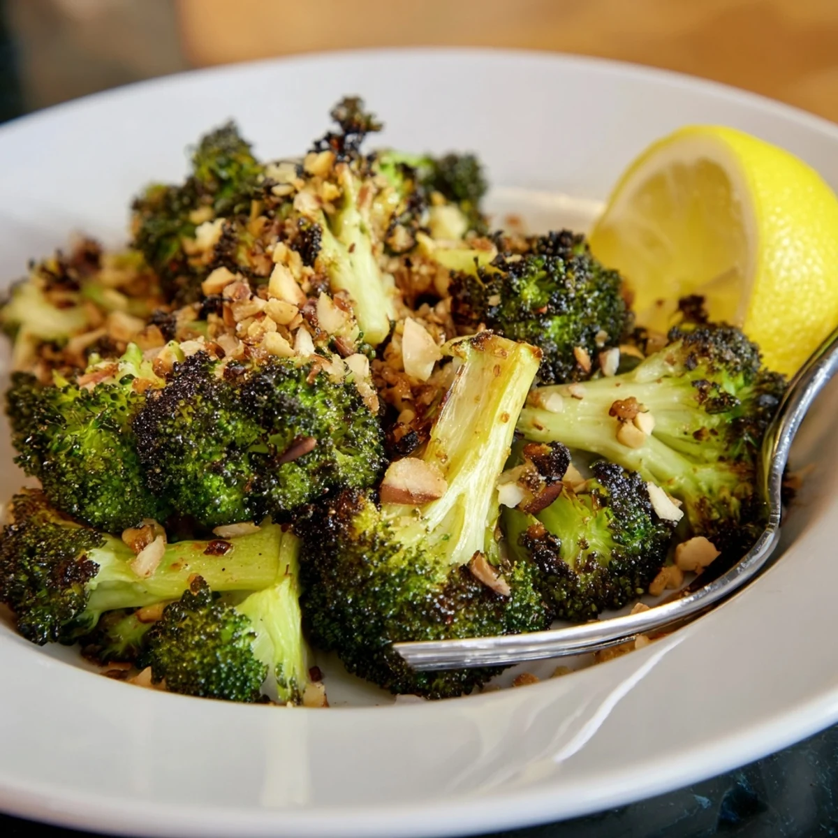 Warm Roasted Broccoli With Lemon Almond Crunch, golden edges and toasted almonds