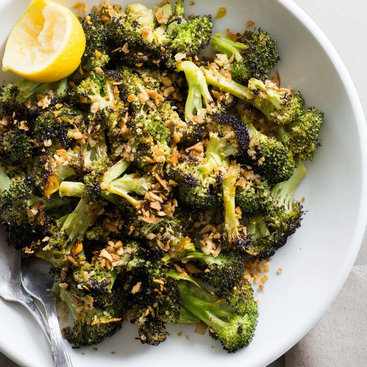A vibrant Roasted Broccoli With Lemon Almond Crunch, crunchy almonds and bright zest