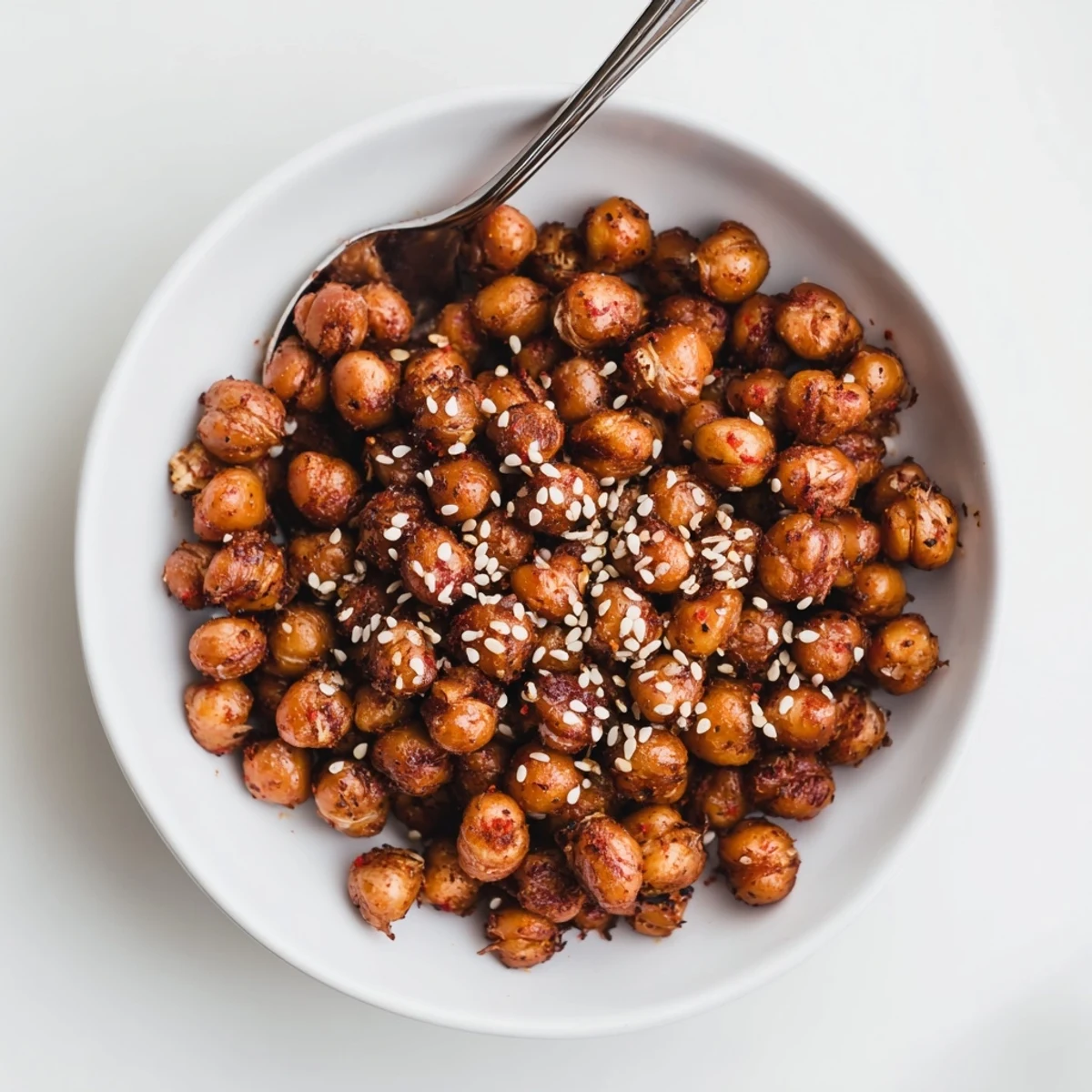 Bowl of Crispy Chili Sesame Chickpea Crunch, golden, spicy, oven-roasted snack