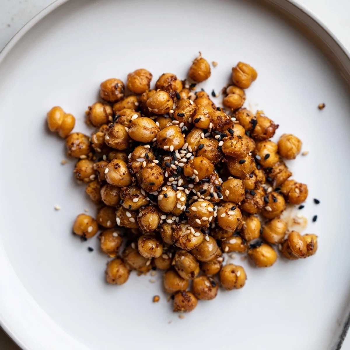 Crispy Chili Sesame Chickpea Crunch piled on salad, crunchy, garlicky, sesame-speckled