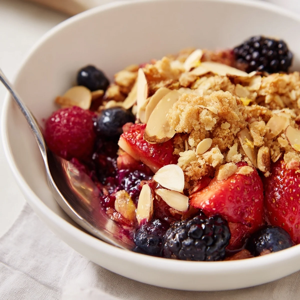 Slice of Vanilla Almond Berry Crumble served warm with melting vanilla ice cream
