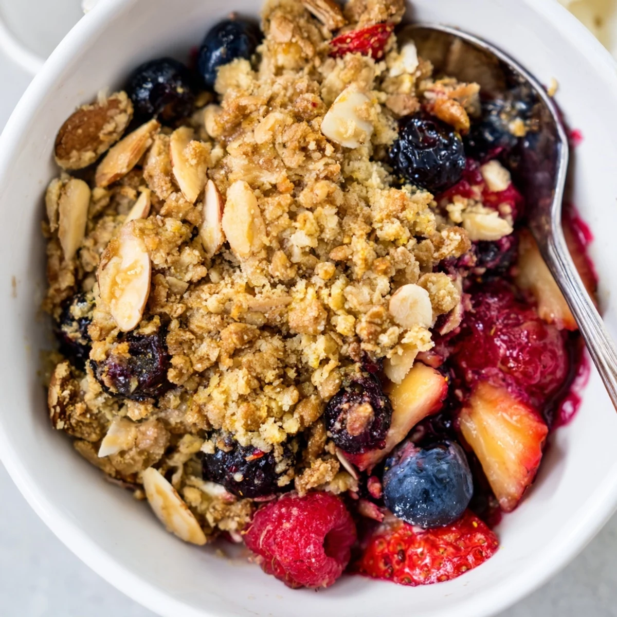 Golden Vanilla Almond Berry Crumble with bubbling berries and crunchy topping
