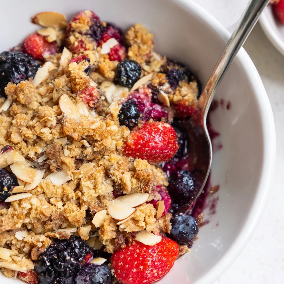 Freshly baked Vanilla Almond Berry Crumble cooling in a 9-inch dish, steam rising