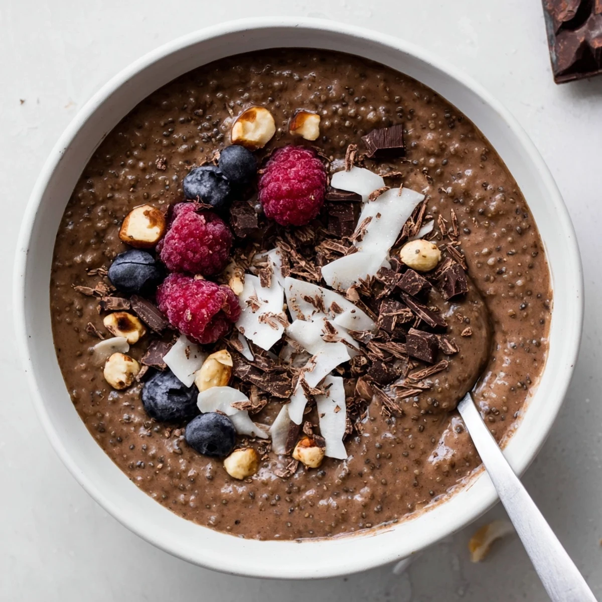Creamy Cocoa Hazelnut Coconut Chia Delight topped with shredded coconut and fresh berries