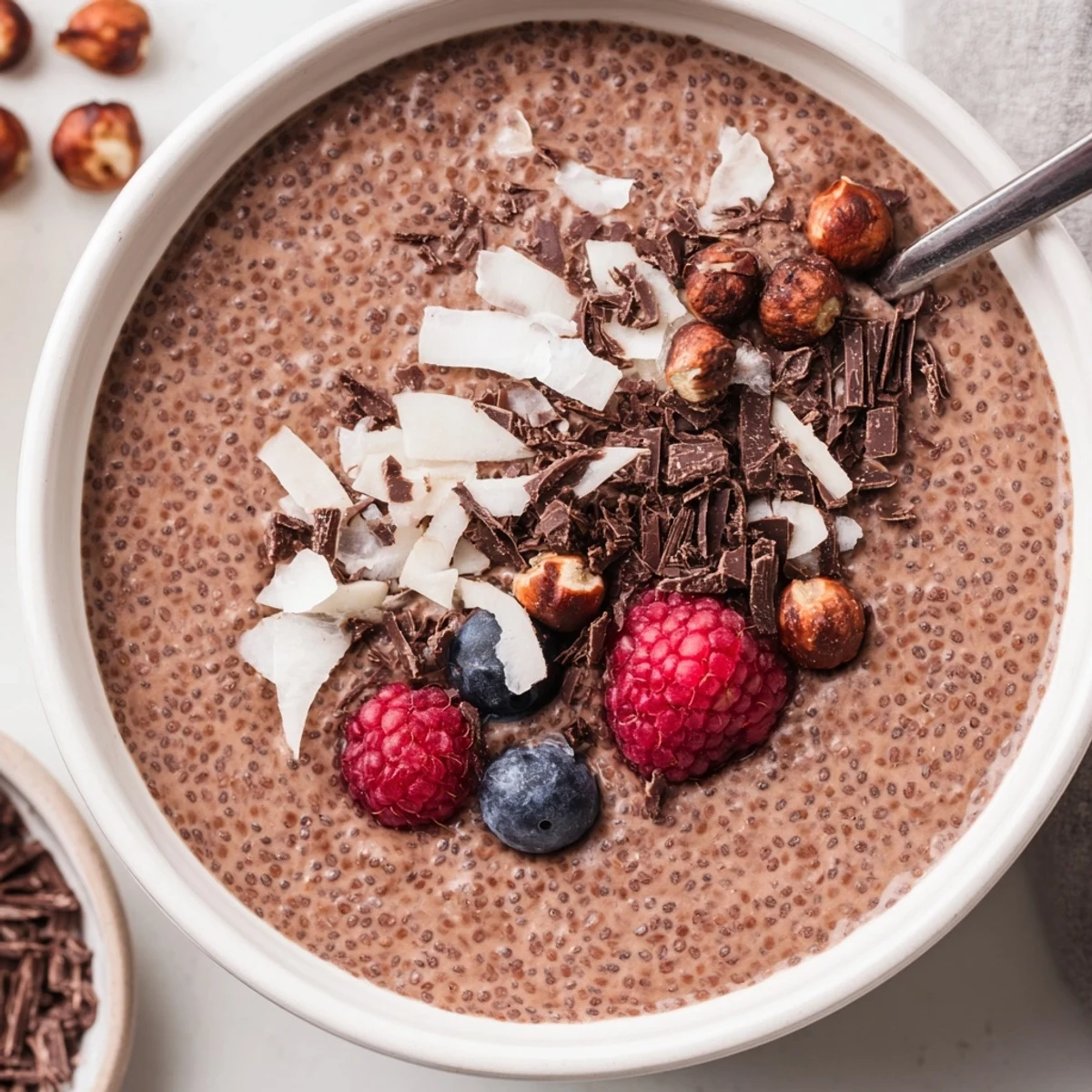 Cocoa Hazelnut Coconut Chia Delight served chilled in glasses with toasted hazelnuts