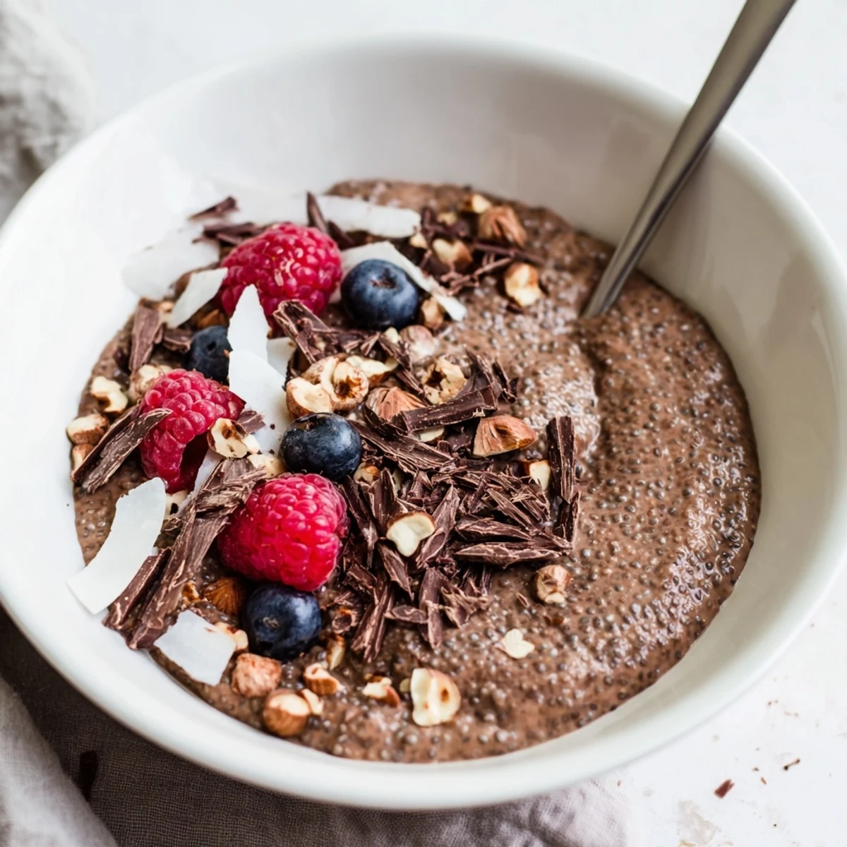Make ahead Cocoa Hazelnut Coconut Chia Delight layered with granola for morning breakfast