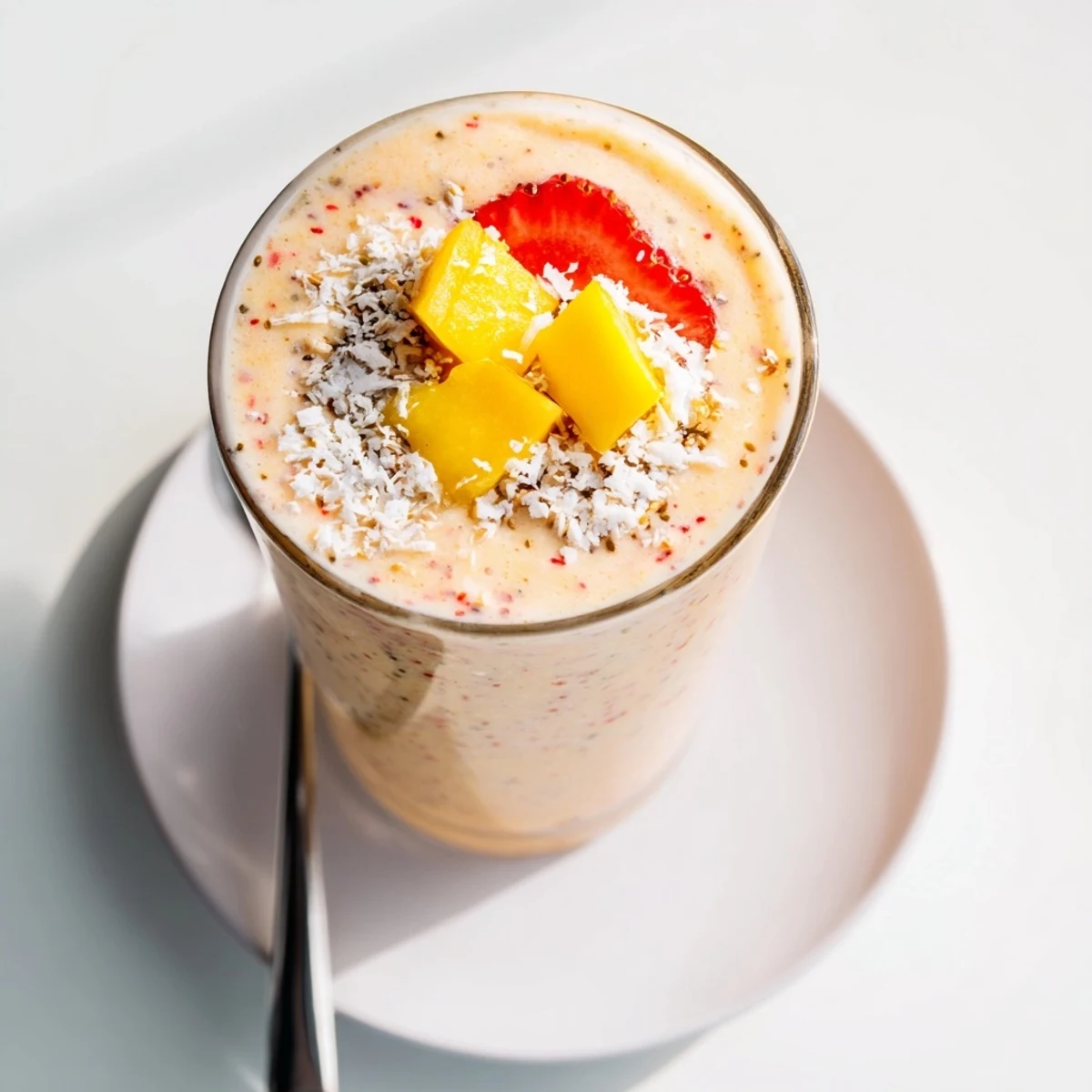 Strawberry Mango Coconut Smoothie in tall glass, velvety texture and tropical aroma